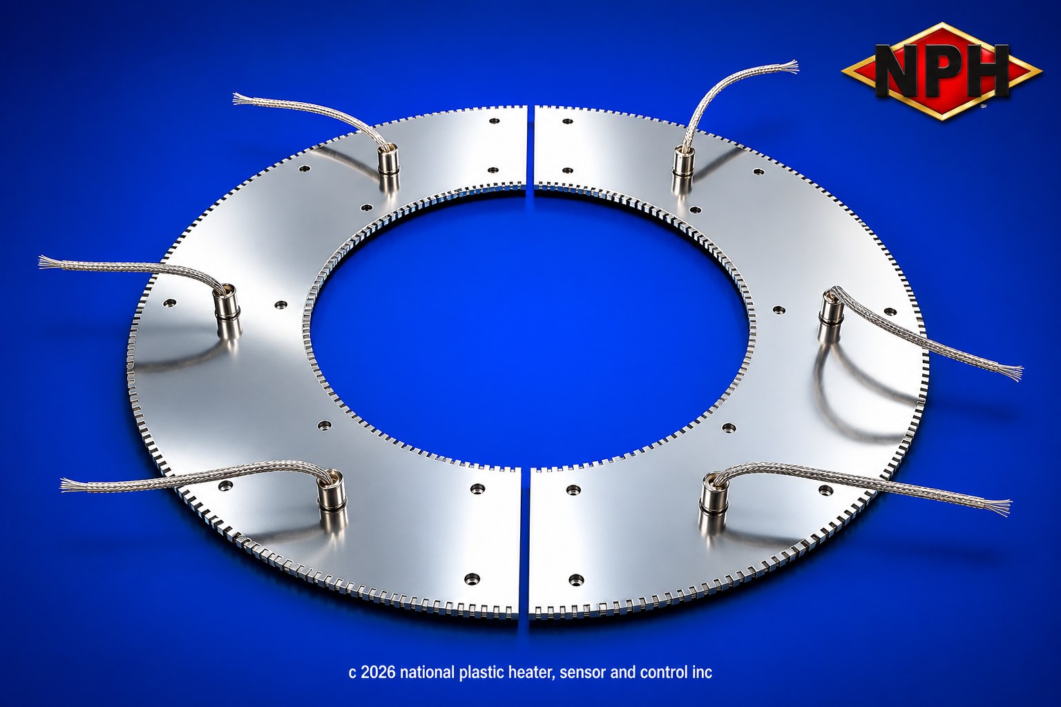 Custom Round Strip Heater-Mica Insulated-with Twenty Mounting Holes -2 Pc Construction and Six Lead Exits
